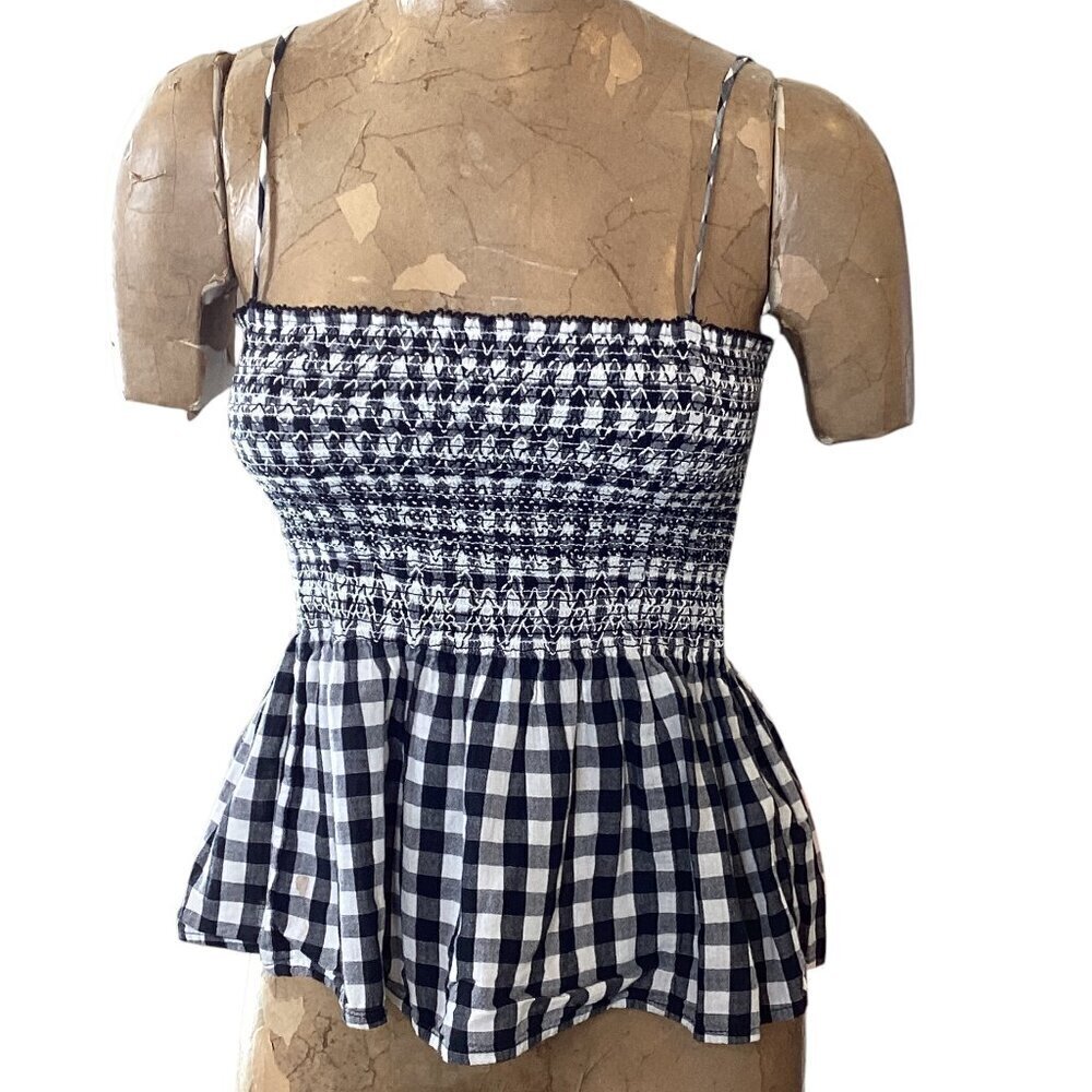 Lucky Brand Square Neck Smocked Cropped Peplum Tank Top‎ XS Black & White #47M